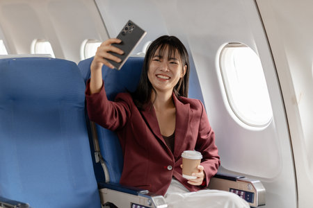 A young woman sits by the airplane window holding a smartphone and a cup of coffee, enjoying a quiet...