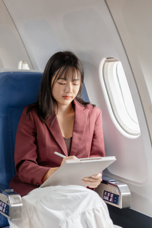 A young woman sits by the airplane window, writing on a clipboard with focused attention, representing quiet productivity, personal concentration, and a calm working moment during air travel.の写真素材