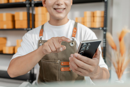 Ecommerce startup with young business owner, managing packages and sales, highlighting teamwork,...