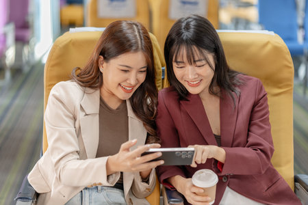Two women sit side by side on an airplane, reviewing documents together with focused smiles,...