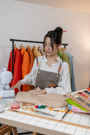 Fashion designer working in clothing studio while planning garment patterns and tailoring ideas,...