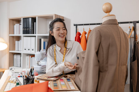 Fashion designer selecting colors and evaluating garment design on mannequin while developing...