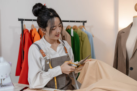 Fashion designer working in clothing studio while planning garment patterns and tailoring ideas,...