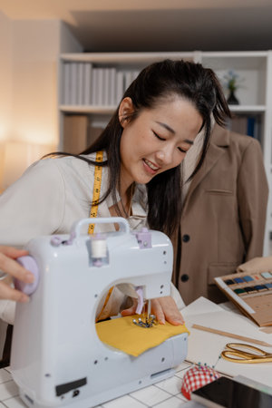 Fashion designer sewing fabric with sewing machine while producing clothing and developing garment...