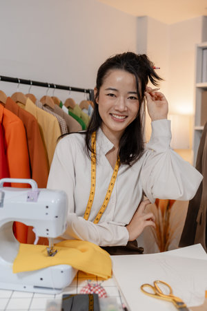 Fashion designer smiling in clothing studio while creating apparel ideas and preparing garments with...