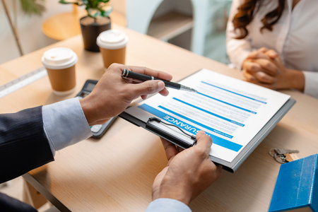 A real estate agent explains home insurance details to a client, showing a document labeled...