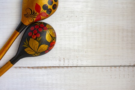 Wooden Russian spoon on white background. There's room for your text.の写真素材