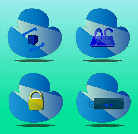Four icons representing the storage of files of different types. There are 3 types of storage: cloud, flash drive and hard drive with operating system. A cloud with a lock is password protection.のイラスト素材