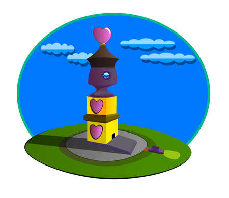 An image of a tall tower with a spire in the form of a heart. The building also has hearts as part of the design. In front of the entrance there is a car. Behind the tower is the sky with clouds.のイラスト素材