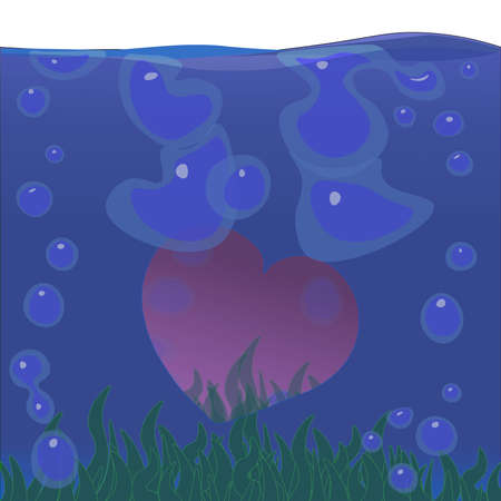 Image of a heart submerged in water surrounded by bubbles and green algae.のイラスト素材