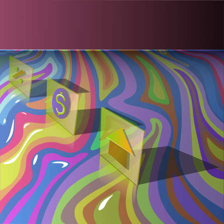 Image of a multi-colored surface and three icons, the horizon is bent upwards. Icons refer to real estate and financial business.のイラスト素材