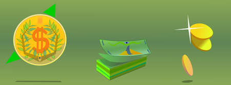 Images of several objects. The first object is a coin with a dollar symbol.のイラスト素材