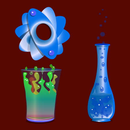 An image of three objects. The first two objects are with chemically active liquid. The first liquid wavers.のイラスト素材