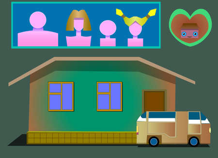 The image consists of several objects. Among them there is a house, a car, icons of family members, an icon of the heart with a house.のイラスト素材