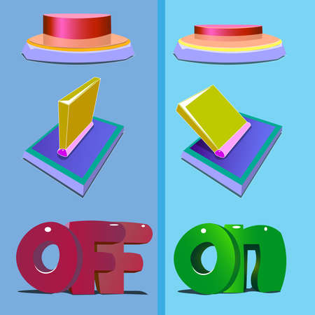 Image of six objects. The first three items are the button and the lever together with the word "off". The second three objects are the included button and the lever, and the word "on" below.のイラスト素材