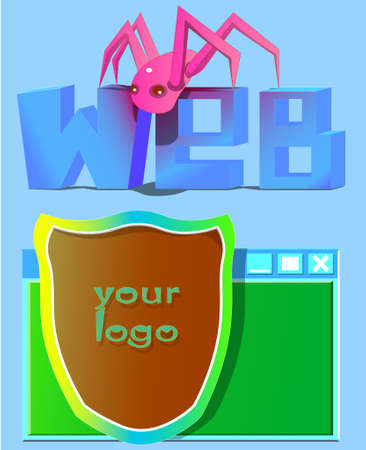 Image of the word "web", spider and shield on the background of the window. Also on the shield is the inscription "your logo".のイラスト素材