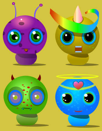 Picture of four characters. One creature with long horns, the second with one horn and a rainbow ribbon.のイラスト素材