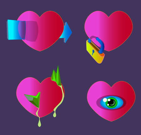 Four hearts with an arrow, a lock, sharp stones, green liquid and an eye.のイラスト素材