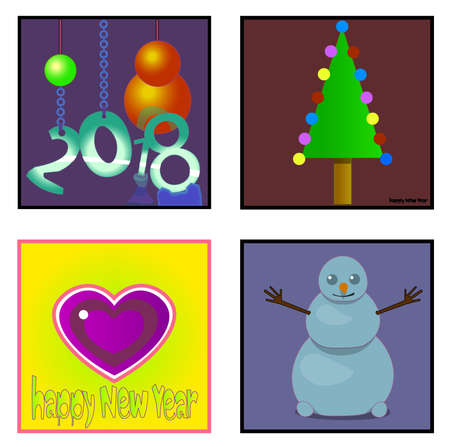 Image of several objects. Among them there is a number, a snowman, a figure of a Christmas tree, words and a heart.のイラスト素材