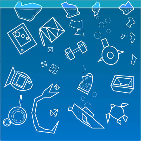 A set of many objects. Among them there are circles, rectangles, the image of a fish, a boat, a dumbbell and a kettle.のイラスト素材