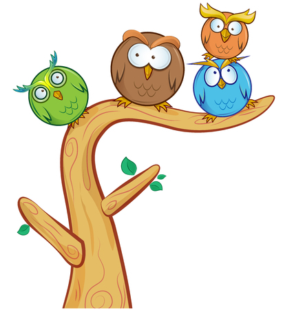 funny owl group cartoon on tree isolatedのイラスト素材