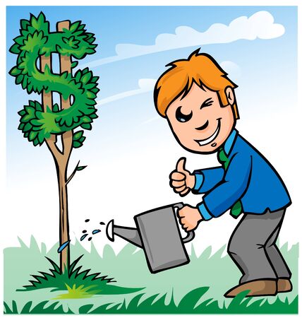 business man cartoon watering dollar treeのイラスト素材