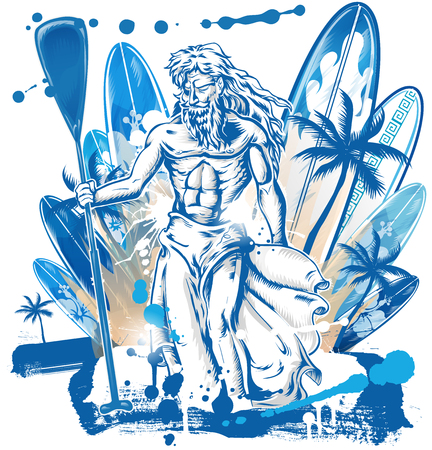 Neptune surfer on surfboard background.のイラスト素材