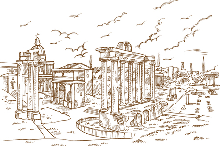 Remains of temples in Foro Romano, Rome, Italy hand drawnのイラスト素材