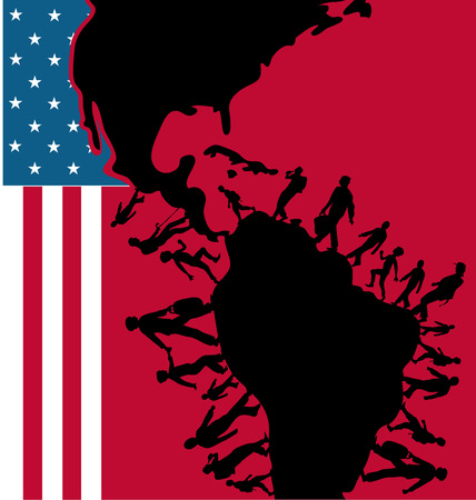 immigration people silhouette moving to usa on flag のイラスト素材