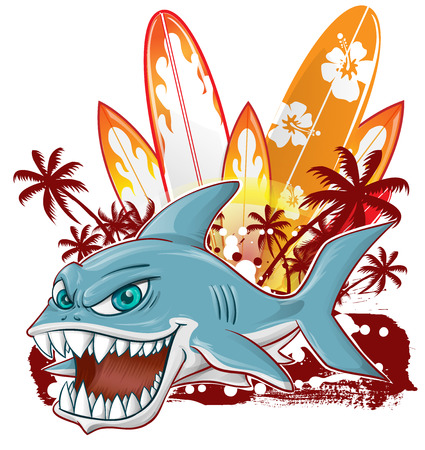 shark character cartoon over surfboard isolated on white backgroundのイラスト素材