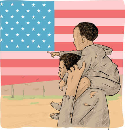 father and son immigrant in front of the USA flagのイラスト素材