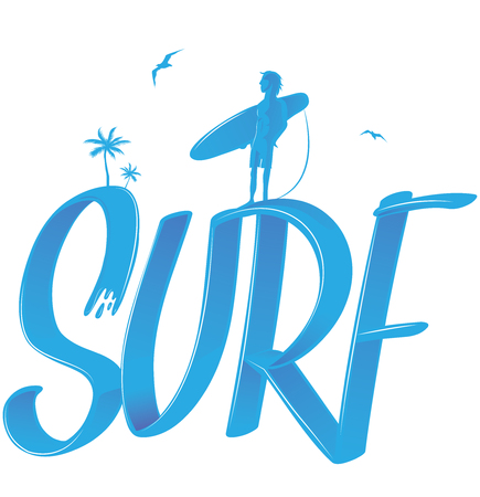 surf lettering with palms and surfer , 3d style. vector illustrationのイラスト素材