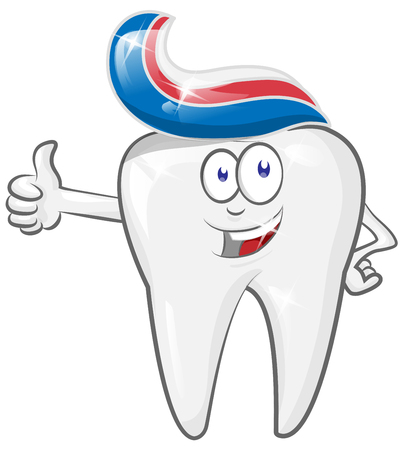 Glad strong  cheerful cartoon tooth character with toothpaste. vector illustrationのイラスト素材