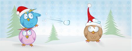 funny owl cartoon on christmas banner . christmas backgroundのイラスト素材