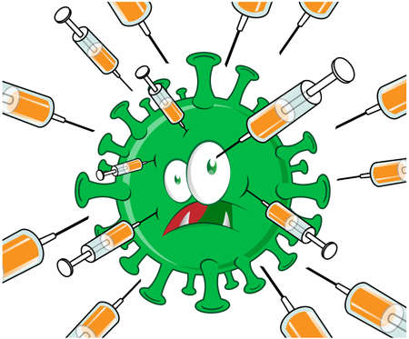 syringe with vaccine attacks the covid -19 coronavirus. cartoon clip artのイラスト素材