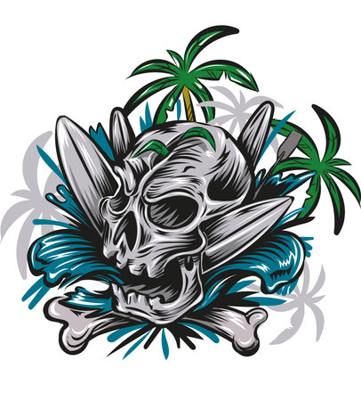 skull head on the beach with a surfboard. vector illustrationのイラスト素材