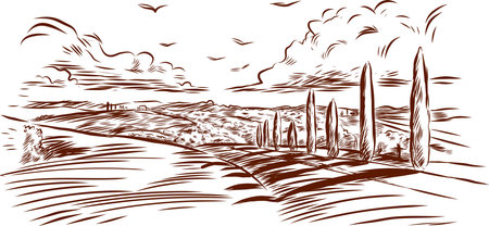 Rural landscape panorama. Hand drawn illustration in engraving style.のイラスト素材