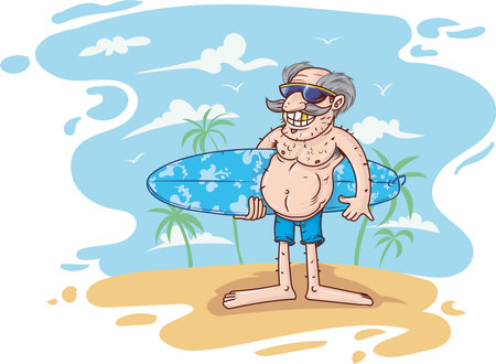 Senior man with surfboard on the beachのイラスト素材