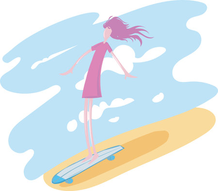 illustration in modern trendy flat linear style. happy girl skateboardingのイラスト素材