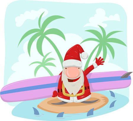 santa claus surfer cartoon on summer background. vector illustrationのイラスト素材