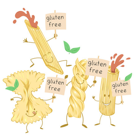 Pasta food, Cute cartoon character with signboard poster gluten free set. vector illustrationのイラスト素材