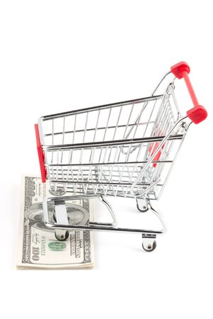 Shopping cart and dollars on the whiteの写真素材