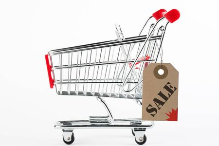 Collage of Steel Shoping Cart and Sale Price tag on the white backgroundの写真素材