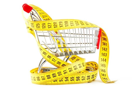 Shopping cart and tape measure on the white backgroundの写真素材