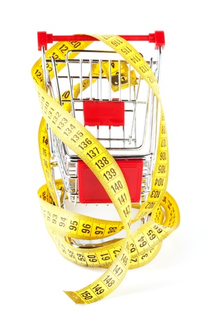 Shopping cart and tape measure on the white backgroundの写真素材