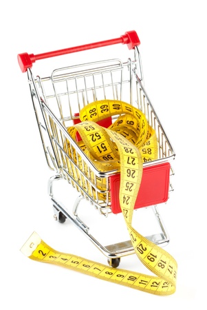 Shopping cart and tape measure on the white backgroundの写真素材