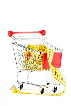 Shopping cart and tape measure on the white backgroundの写真素材