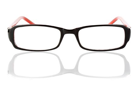 Closeup of modern glasses with reflection on the white background.の写真素材