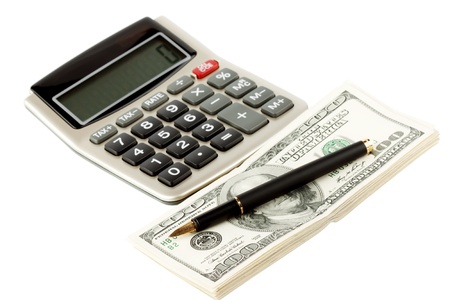 Financial Literacy. Closeup Pen, calculator and cash.の写真素材