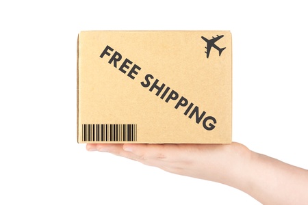 Free shipping concept  Hand holding cardboard box on the white backgroundの写真素材